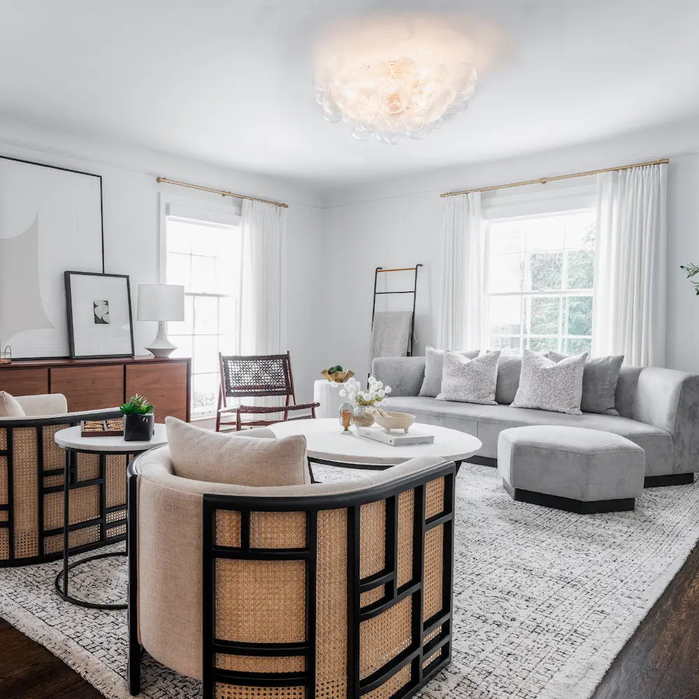 Sophisticated residential living room designed by Macy Lane Designs